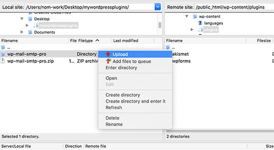 Uploading WordPress plugin with Filezilla FTP